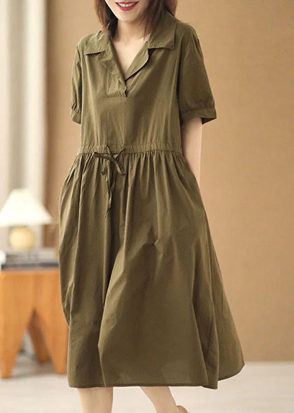 French Army Green Peter Pan Collar Cinched Pockets Cotton Cinch Long Dress Short Sleeve - Image 2