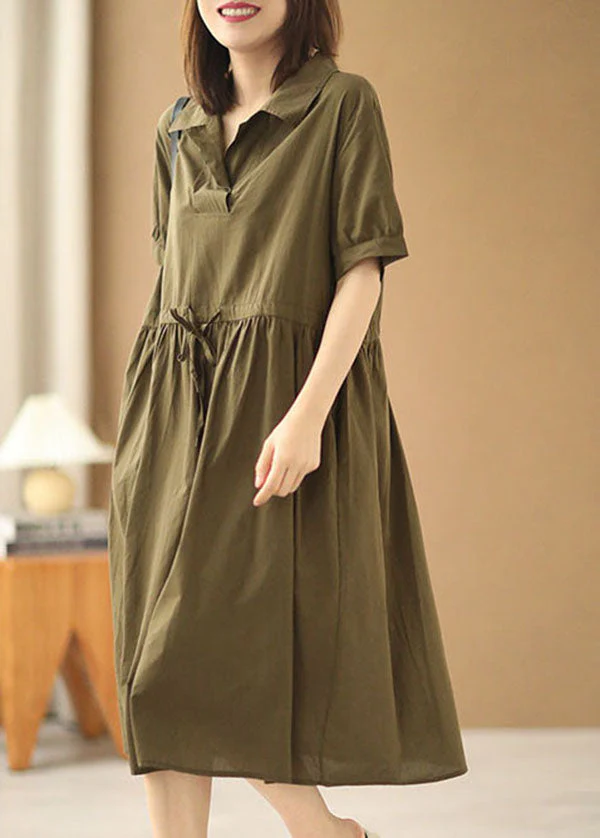 French Army Green Peter Pan Collar Cinched Pockets Cotton Cinch Long Dress Short Sleeve - Image 3