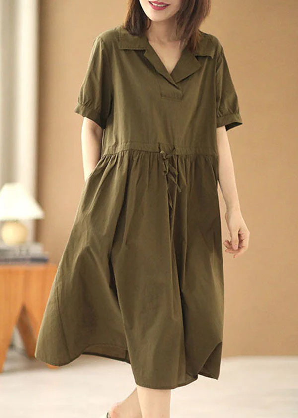 French Army Green Peter Pan Collar Cinched Pockets Cotton Cinch Long Dress Short Sleeve - Image 4