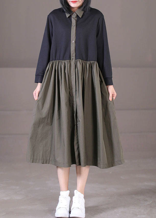 French Army Green Peter Pan Collar Patchwork Wrinkled Cotton Dresses Long Sleeve - Image 2