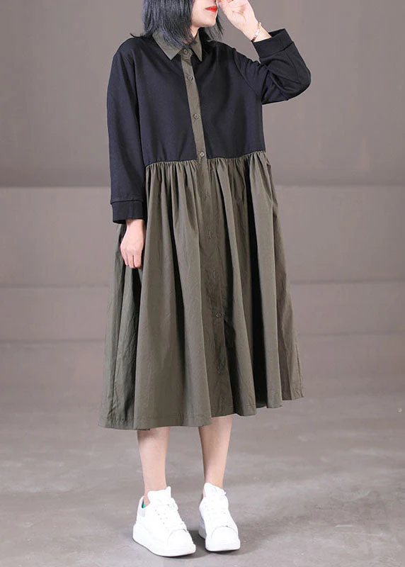 French Army Green Peter Pan Collar Patchwork Wrinkled Cotton Dresses Long Sleeve - Image 3
