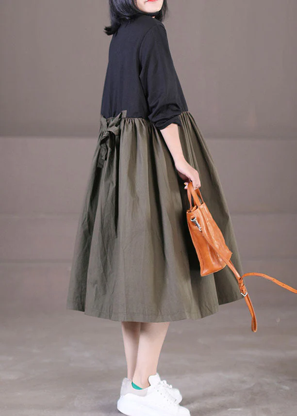 French Army Green Peter Pan Collar Patchwork Wrinkled Cotton Dresses Long Sleeve - Image 4