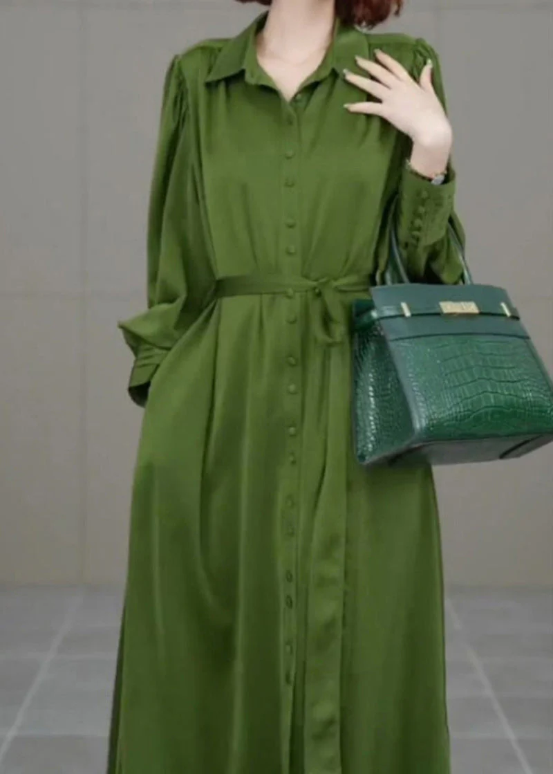 French Army Green Peter Pan Collar Tie Waist Chiffon Vacation Dresses Spring - Image 2