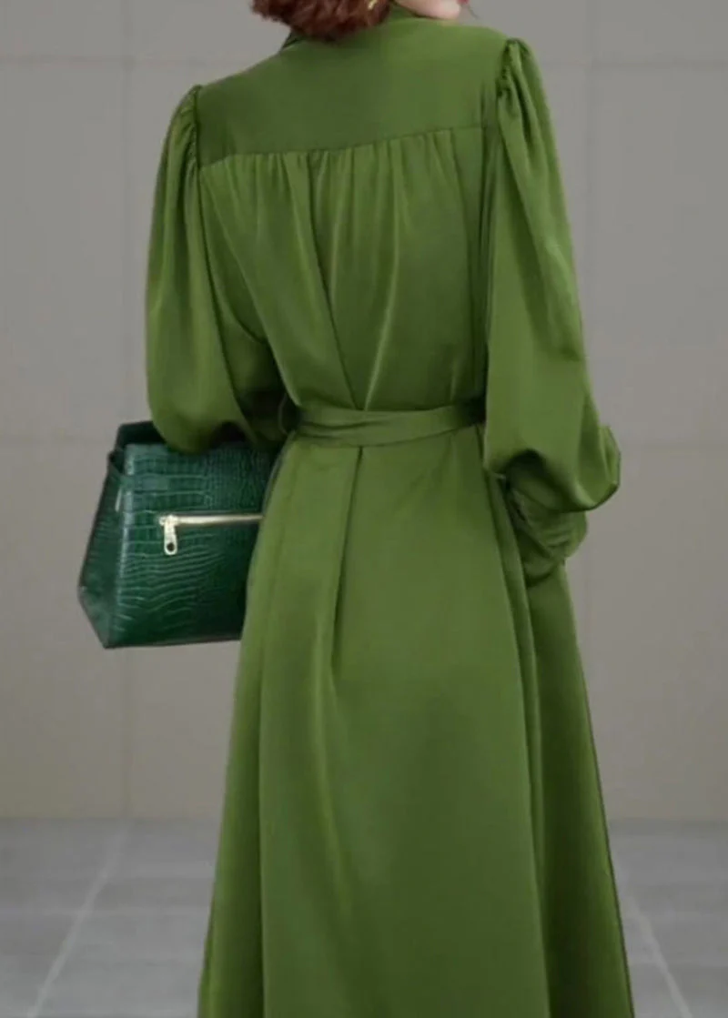 French Army Green Peter Pan Collar Tie Waist Chiffon Vacation Dresses Spring - Image 5