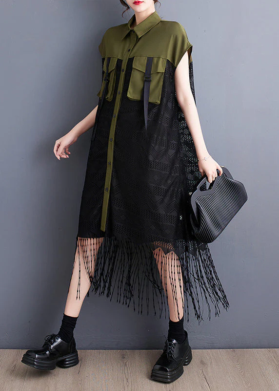 French Army Green Tassel Patchwork Lace Holiday Dress Summer - Image 2