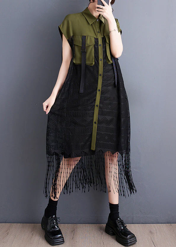 French Army Green Tassel Patchwork Lace Holiday Dress Summer - Image 3