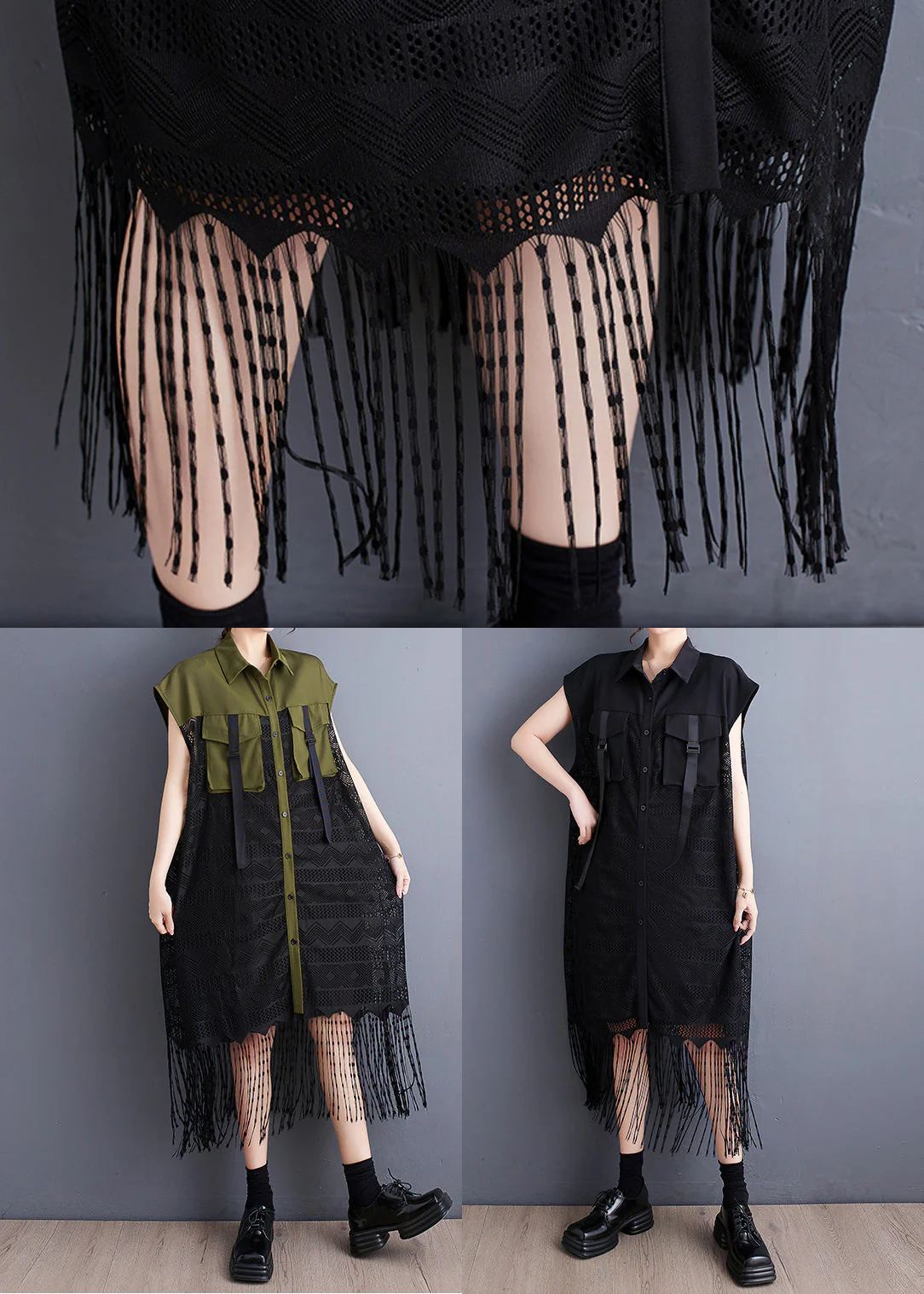 French Army Green Tassel Patchwork Lace Holiday Dress Summer - Image 5