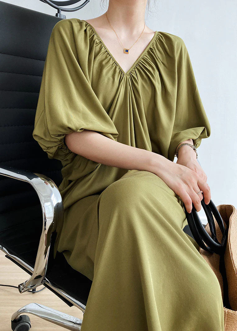 French Army Green V Neck Oversized Cotton Long Dresses Lantern Sleeve - Image 3