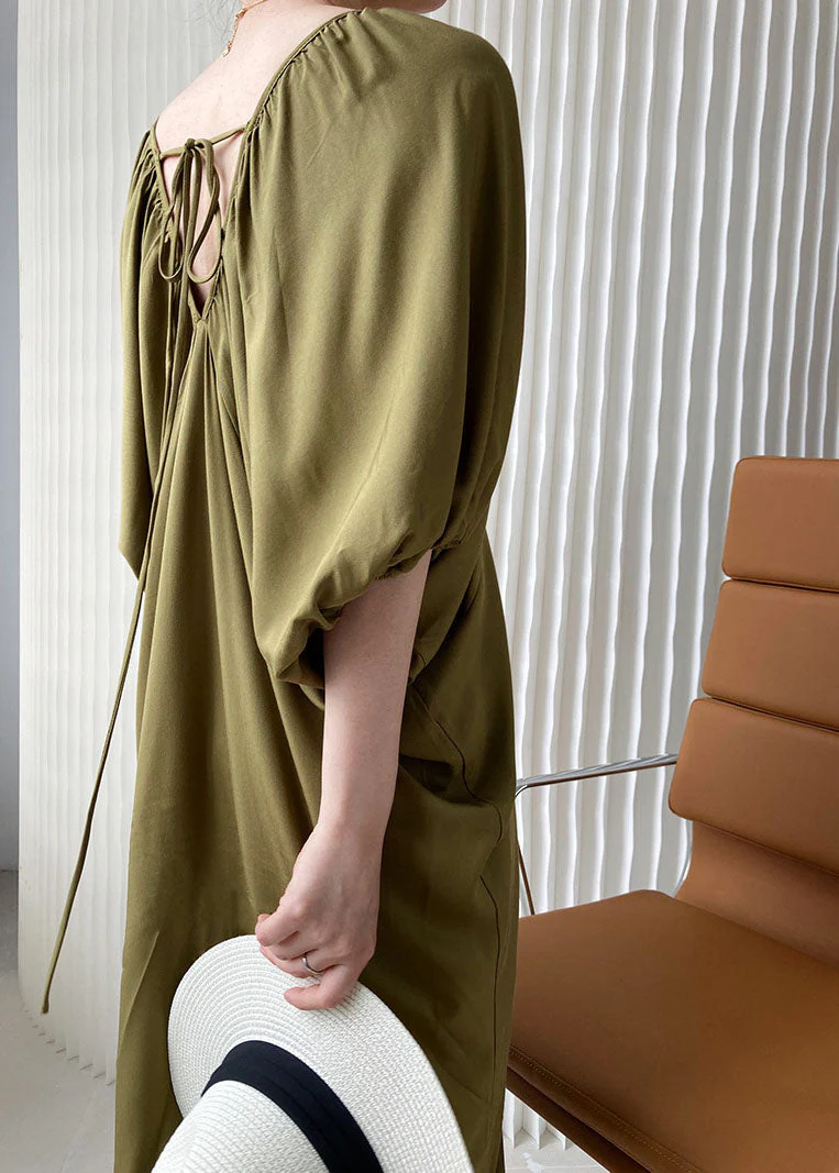 French Army Green V Neck Oversized Cotton Long Dresses Lantern Sleeve - Image 4