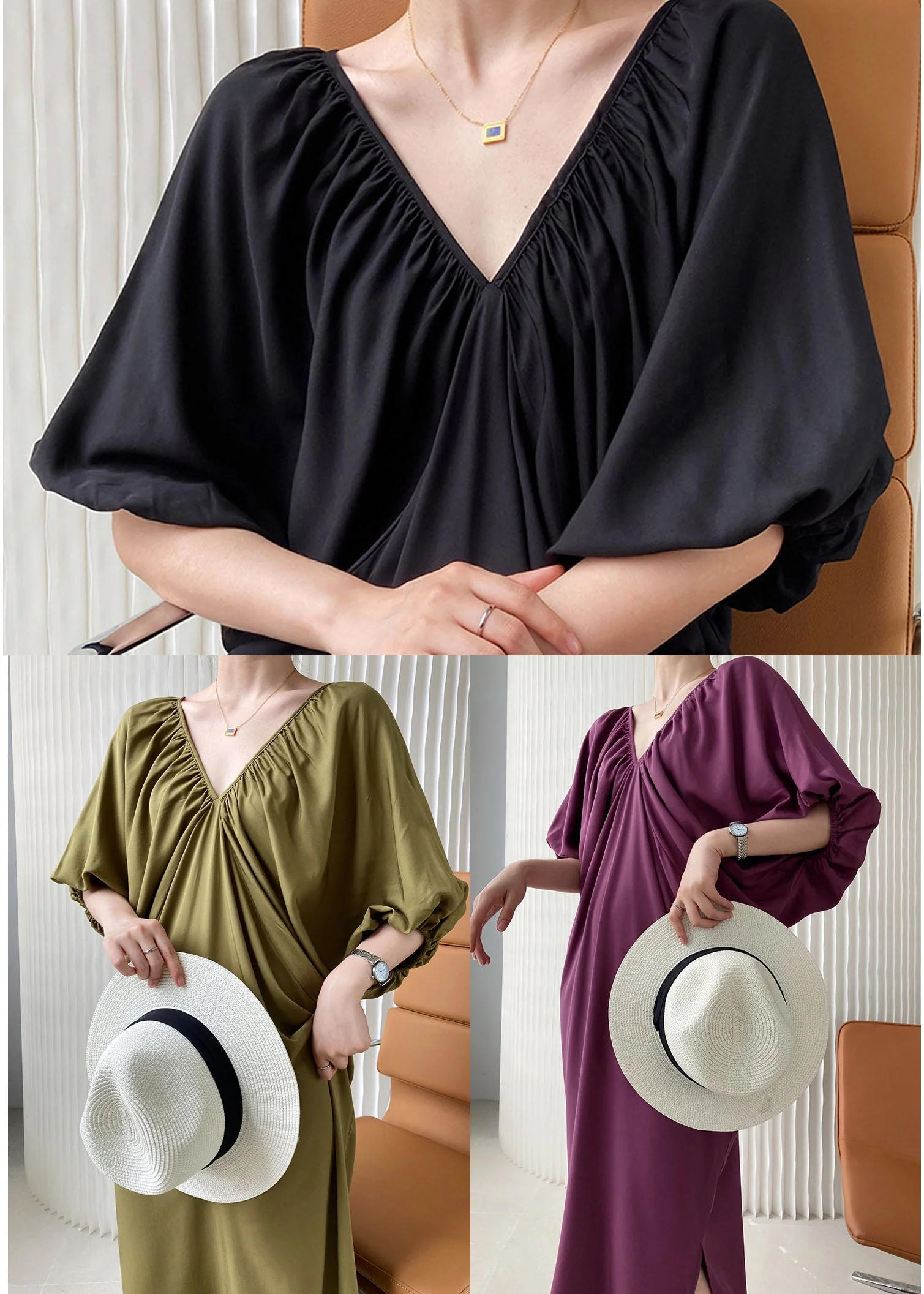 French Army Green V Neck Oversized Cotton Long Dresses Lantern Sleeve - Image 5