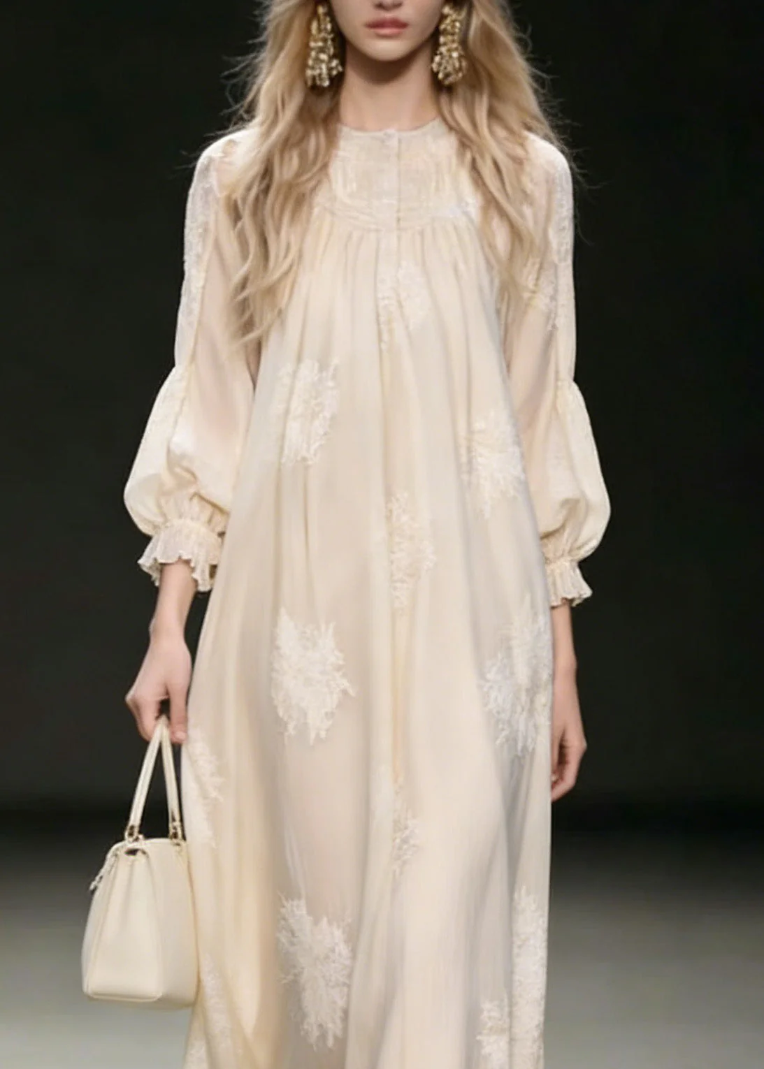 French Beige Embroidered Silk Vacation Dresses Spring - Image 2