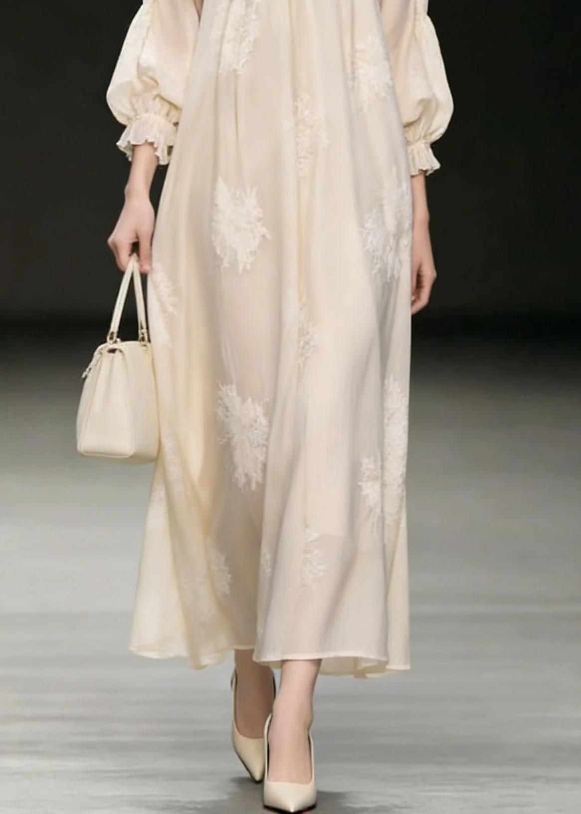 French Beige Embroidered Silk Vacation Dresses Spring - Image 4