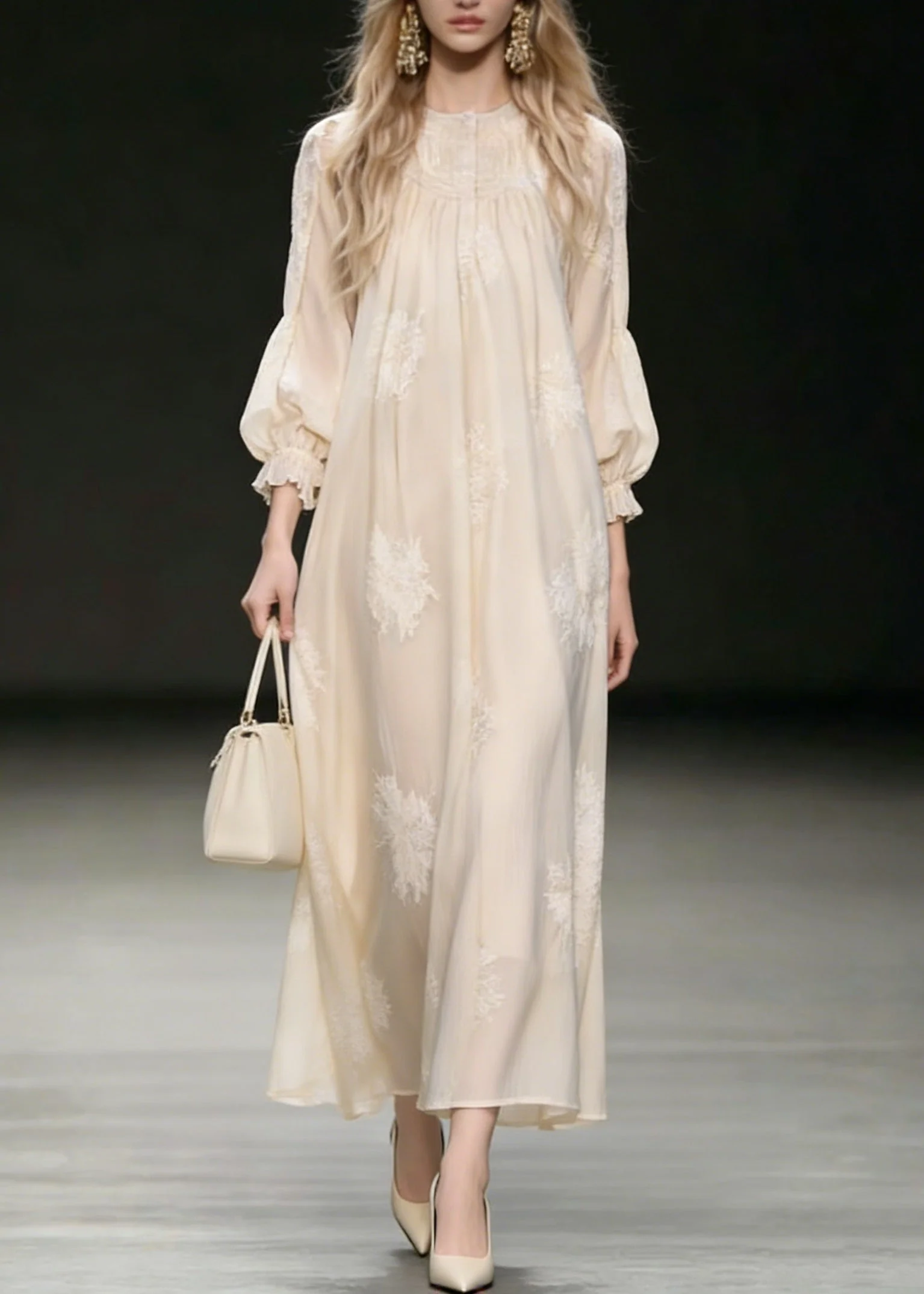 French Beige Embroidered Silk Vacation Dresses Spring - Image 5