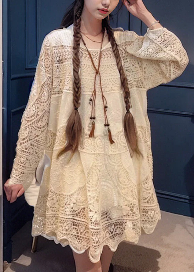 French Beige Hollow Out Solid Lace Mid Dress Spring - Image 2