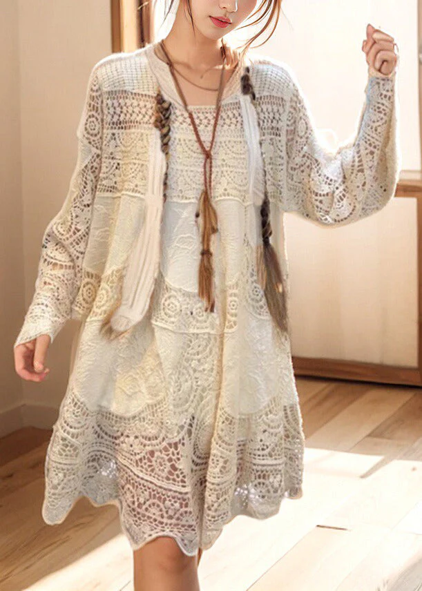 French Beige Hollow Out Solid Lace Mid Dress Spring - Image 3