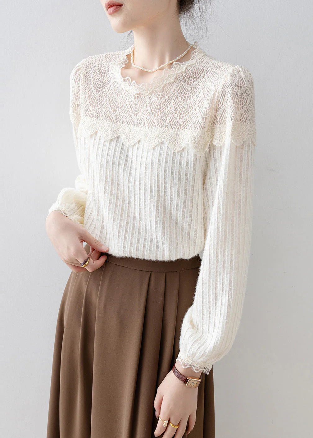 French Beige Lace Patchwork Knit Blouses Spring - Image 5