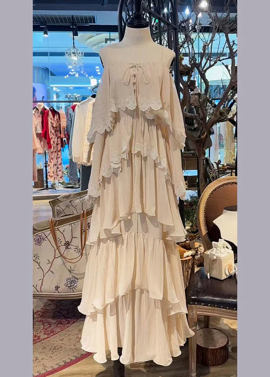 French Beige Lace Up Lace Spaghetti Strap Dress Sleeveless - Image 2