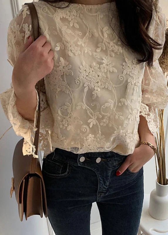 French Beige O-Neck Embroidered Lace Tops Flare Sleeve - Image 2