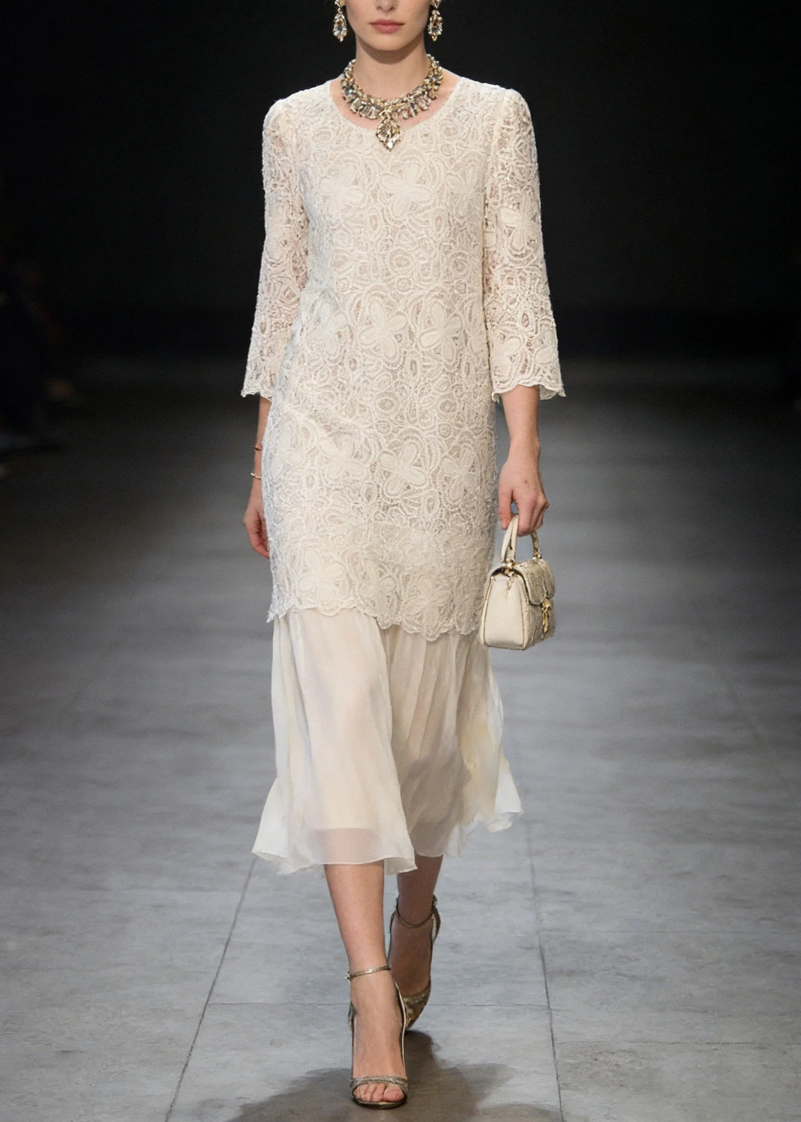 French Beige O Neck Patchwork Lace Dresses Summer - Image 3