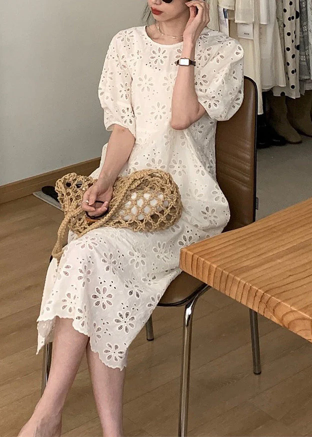 French Beige O-Neck Puff Sleeve Hollow Out Cotton Dress - Image 2