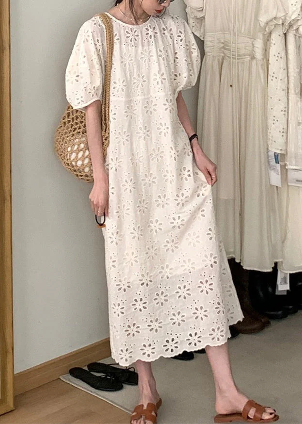 French Beige O-Neck Puff Sleeve Hollow Out Cotton Dress - Image 3