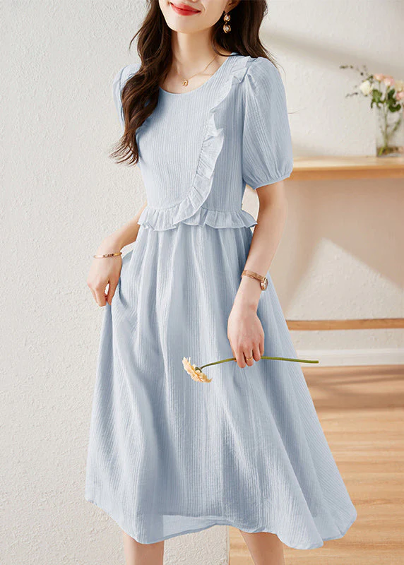 French Beige O Neck Ruffled Patchwork Cotton Dresses Summer - Image 2