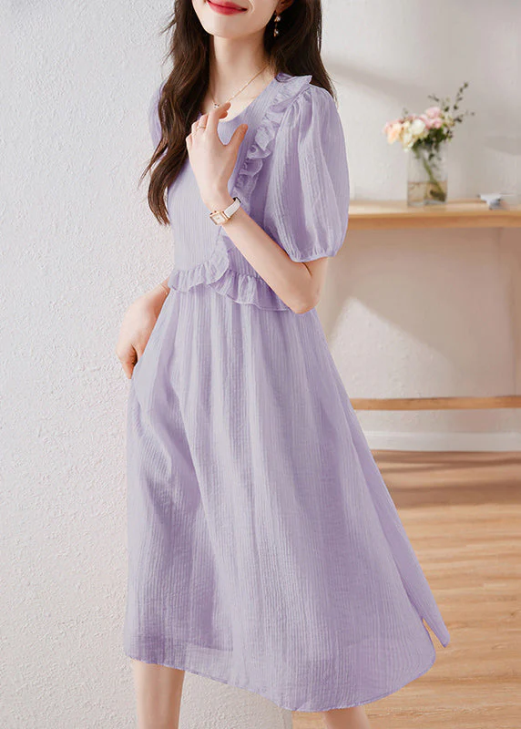 French Beige O Neck Ruffled Patchwork Cotton Dresses Summer - Image 3