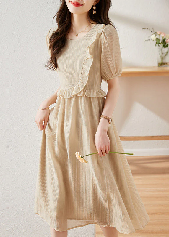 French Beige O Neck Ruffled Patchwork Cotton Dresses Summer - Image 4