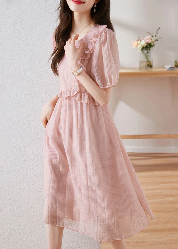 French Beige O Neck Ruffled Patchwork Cotton Dresses Summer - Image 5