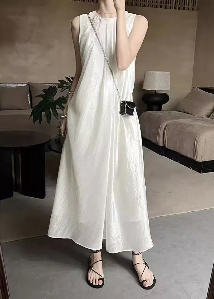 French Beige O Neck Solid Silk Long Dresses Sleeveless - Image 3