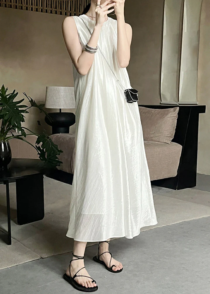 French Beige O Neck Solid Silk Long Dresses Sleeveless - Image 4