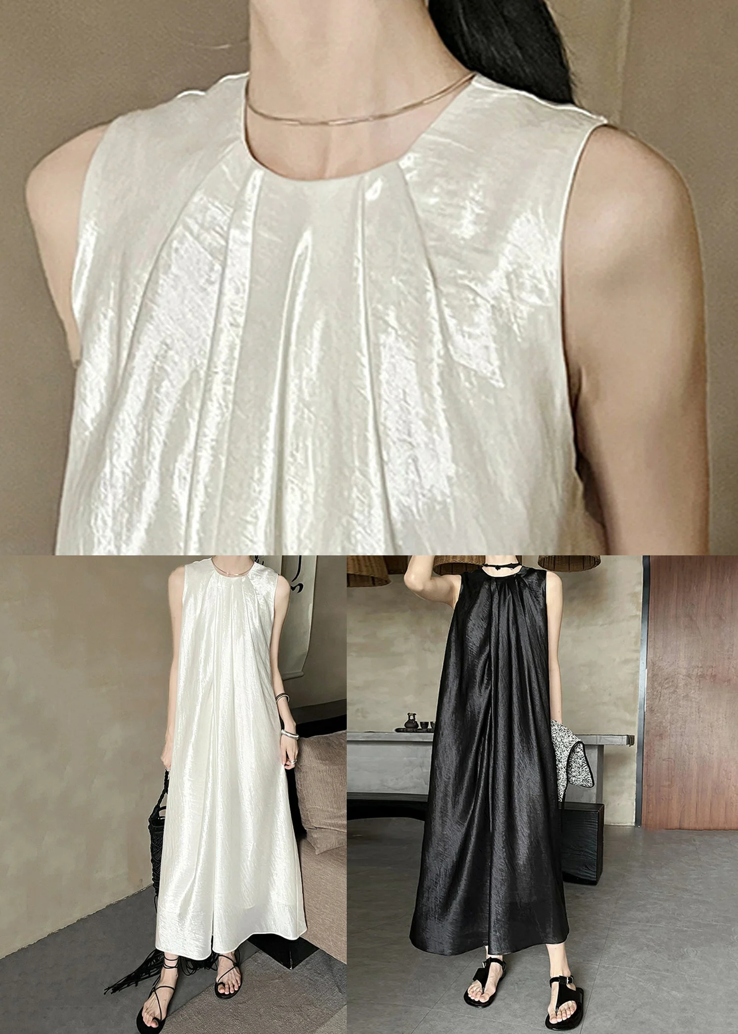 French Beige O Neck Solid Silk Long Dresses Sleeveless - Image 5