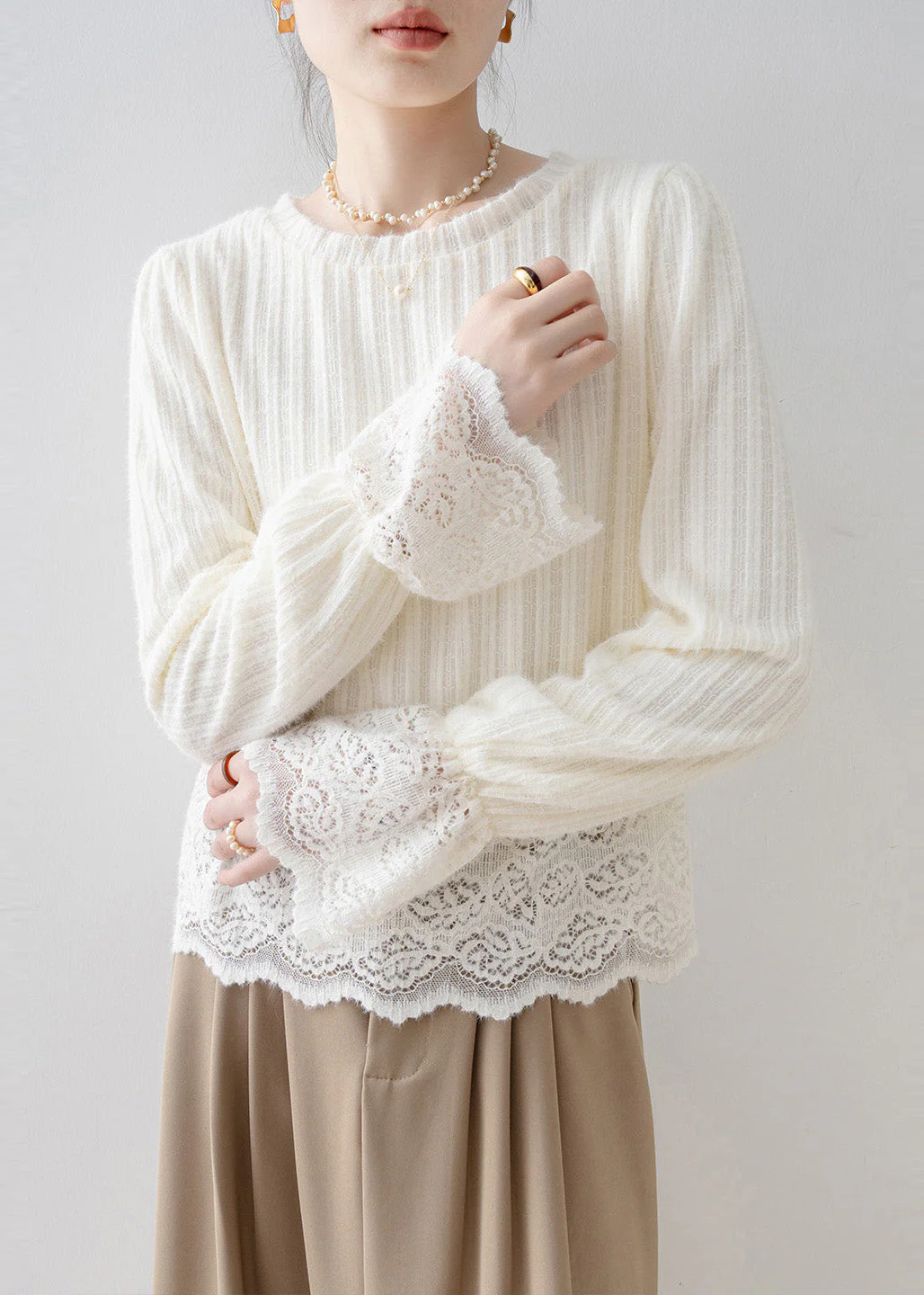 French Beige Oversized Patchwork Warm Fleece Shirt Tops Flare Sleeve - Image 2