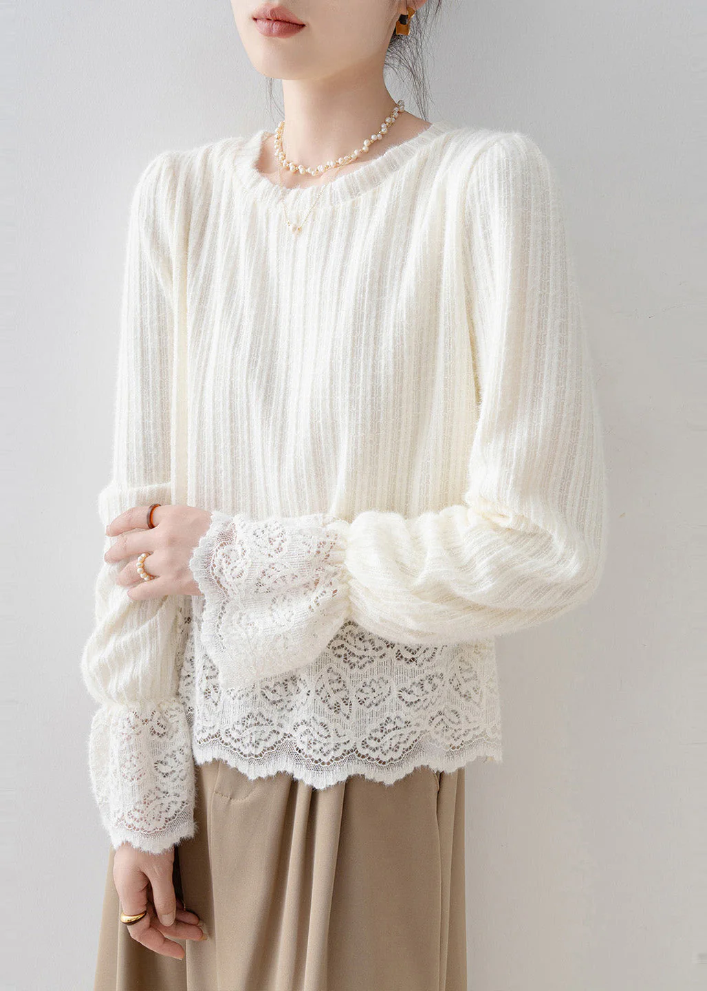 French Beige Oversized Patchwork Warm Fleece Shirt Tops Flare Sleeve - Image 3