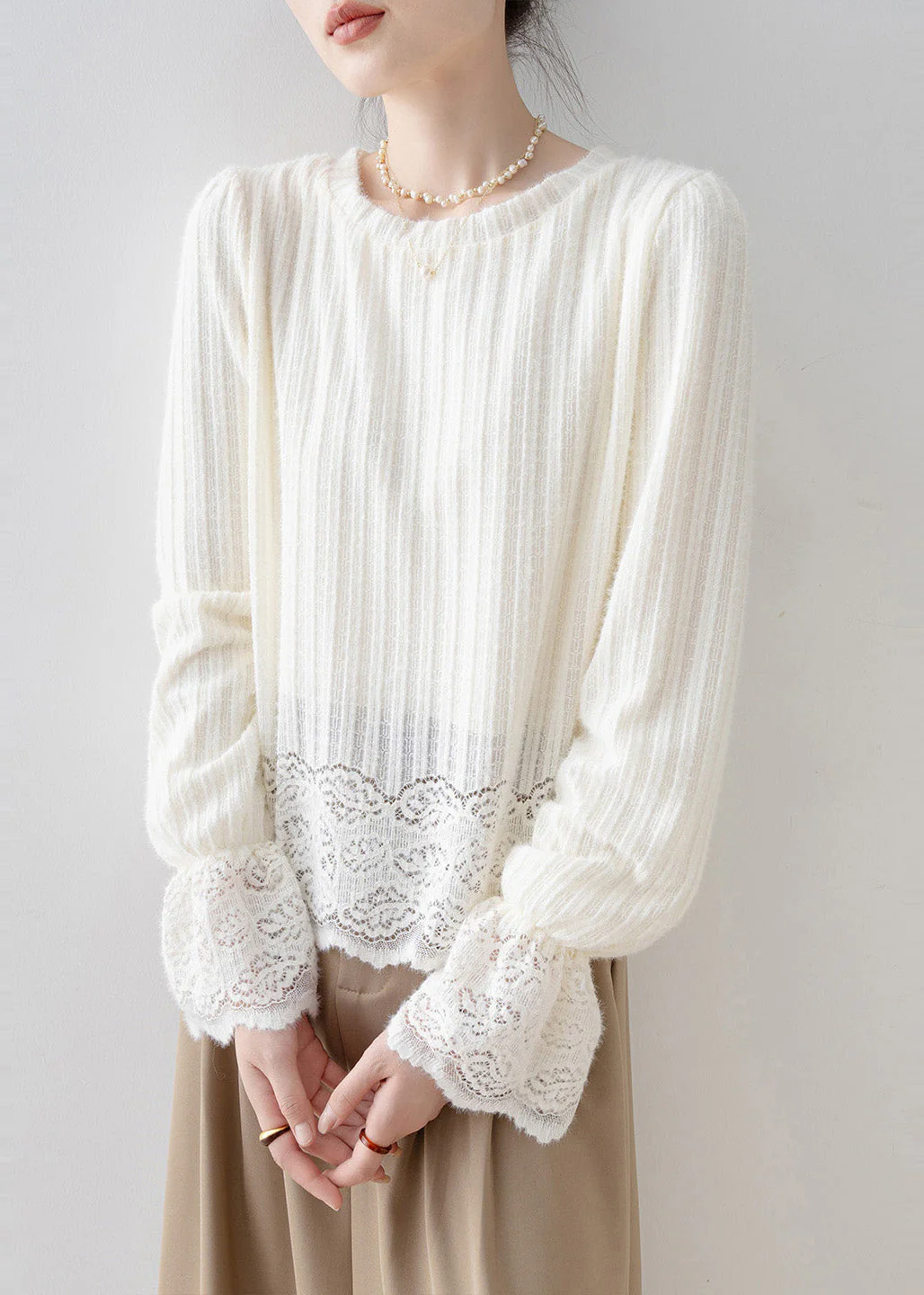 French Beige Oversized Patchwork Warm Fleece Shirt Tops Flare Sleeve - Image 4