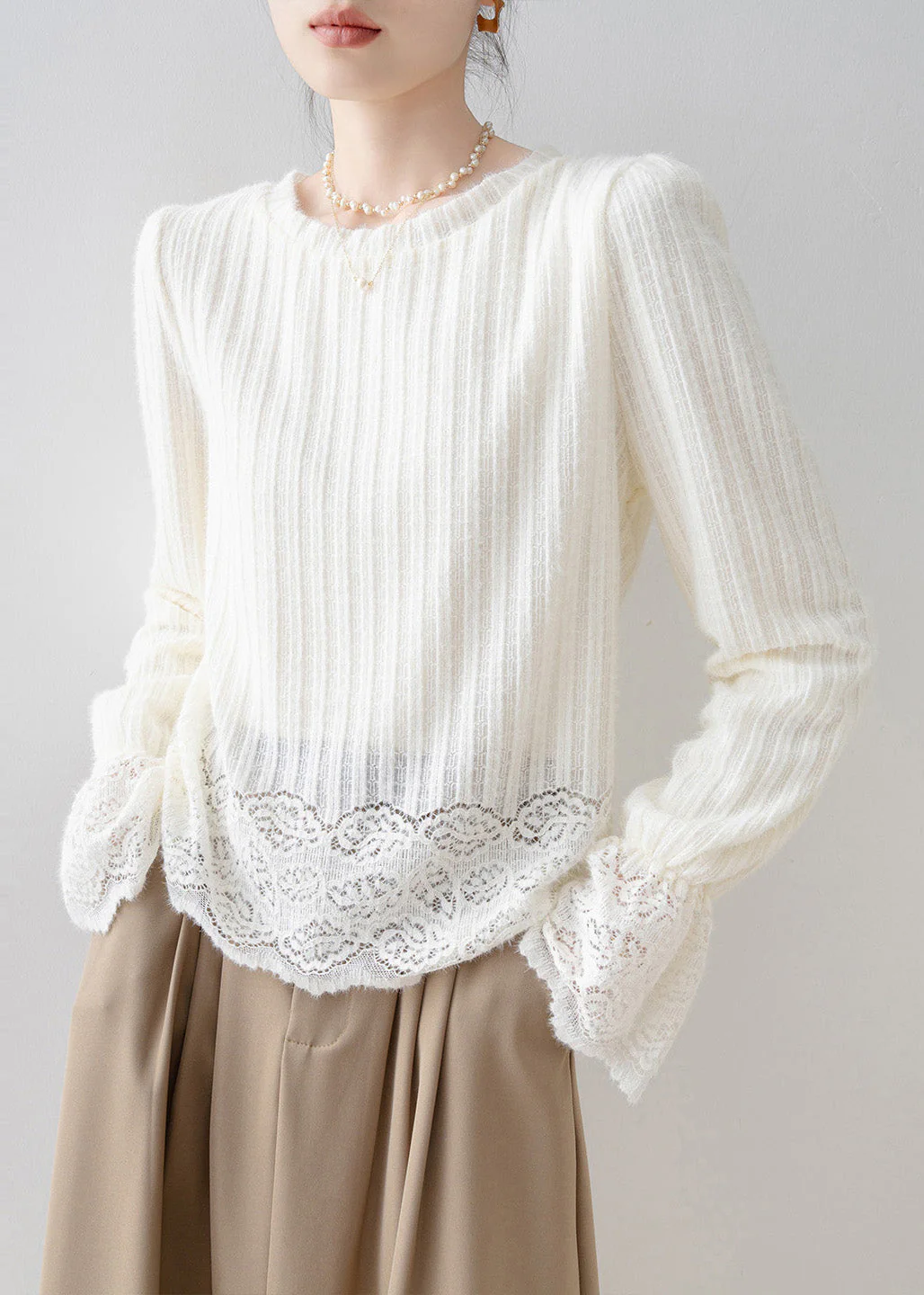 French Beige Oversized Patchwork Warm Fleece Shirt Tops Flare Sleeve - Image 5