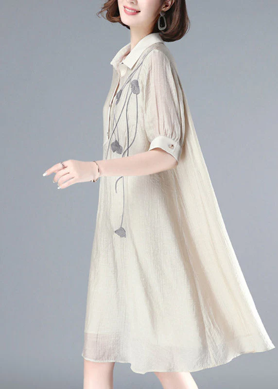 French Beige Peter Pan Collar Embroideried Button Long Dress Summer - Image 3
