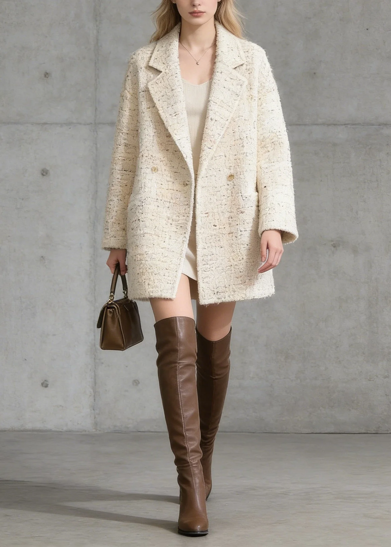 French Beige Peter Pan Collar Pockets Woolen Coat Spring