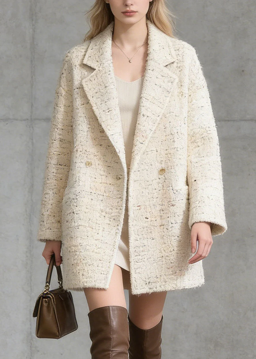 French Beige Peter Pan Collar Pockets Woolen Coat Spring - Image 2