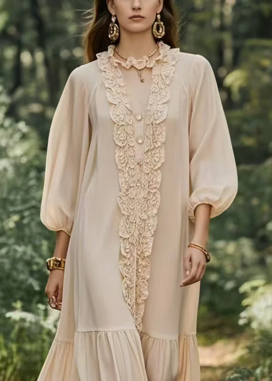 French Beige Ruffled Chiffon Ankle Dress Lantern Sleeve - Image 2