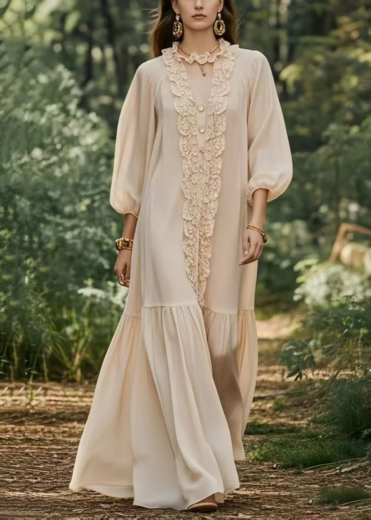 French Beige Ruffled Chiffon Ankle Dress Lantern Sleeve - Image 5