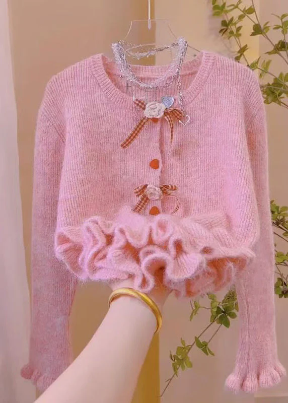 French Beige Ruffled Floral Knit Sweaters Spring - Image 2