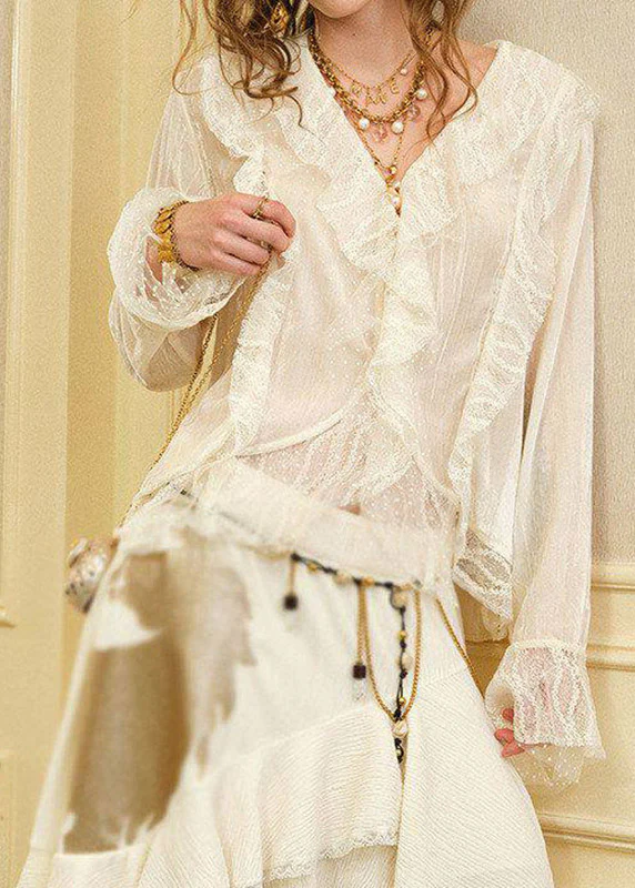 French Beige Ruffled Patchwork Asymmetrical Silk Velvet Shirts Spring - Image 3