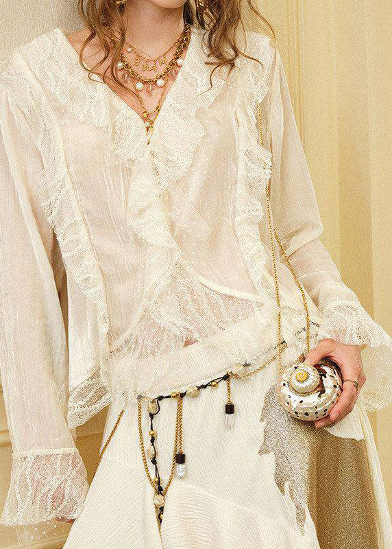 French Beige Ruffled Patchwork Asymmetrical Silk Velvet Shirts Spring - Image 4