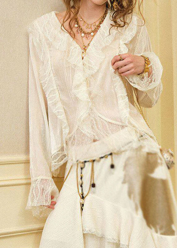 French Beige Ruffled Patchwork Asymmetrical Silk Velvet Shirts Spring - Image 5