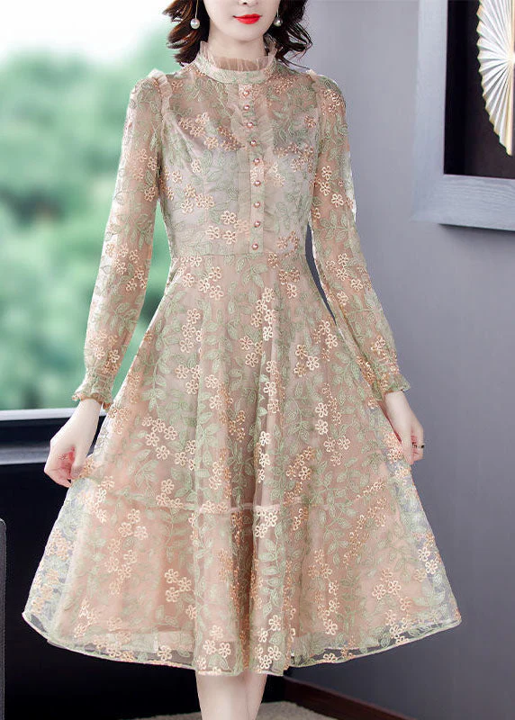 French Beige Stand Collar Embroideried Exra Large Hem Tulle Dresses Spring - Image 2