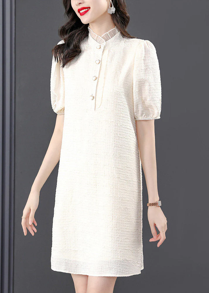 French Beige Stand Collar Lace Patchwork Button Mid Dress Summer - Image 2