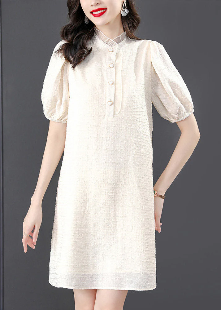 French Beige Stand Collar Lace Patchwork Button Mid Dress Summer - Image 3
