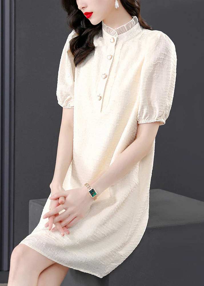 French Beige Stand Collar Lace Patchwork Button Mid Dress Summer - Image 4