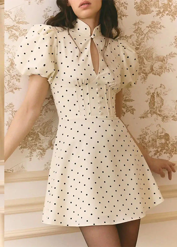 French Beige Stand Collar Puff Sleeve Print Cotton Mini Dresses - Image 3